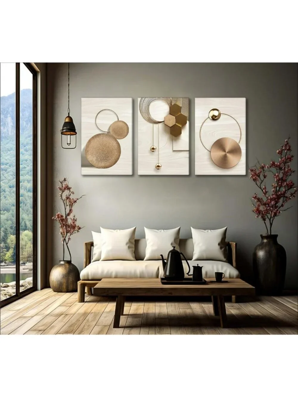 3 Pcs Abstract Gold Geometric Canvas Wall Art - Boho Mid Century Modern Decor